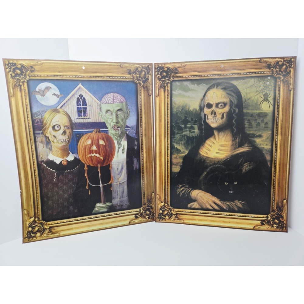 Pair of Halloween lenticular pictures Mona Lisa American Gothic 16 1/2"